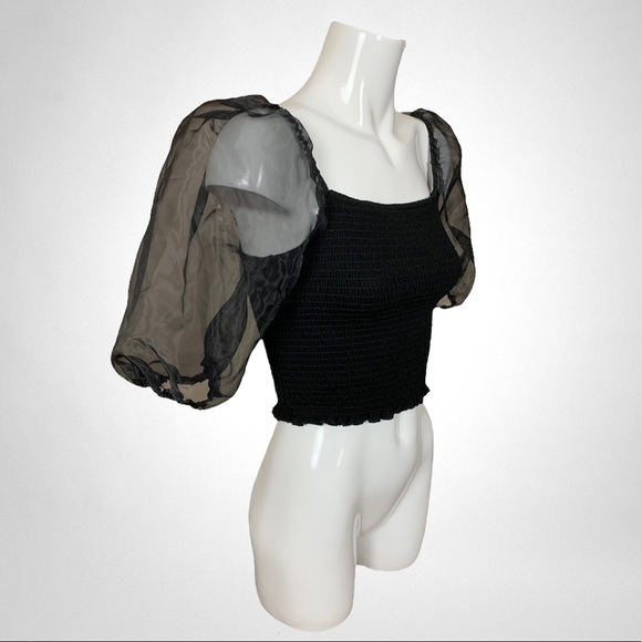 Evolutionary Black Smocked Bodice Top with Sheer Organza Puff Sleeves XL - Picture 3 of 9